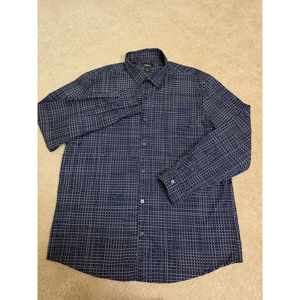 Alfani XL Navy Blue White Geometric Grid Button Down Shirt Long Sleeve Cotton - Picture 3 of 8